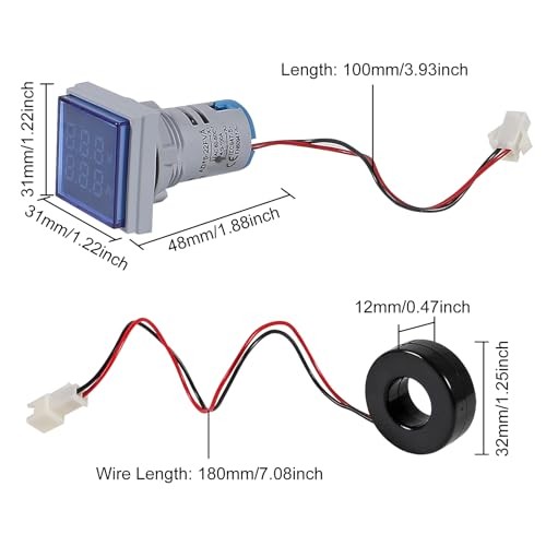 2pcs Blue LED Display Voltmeter, Square Dual Display Voltmeter and Ammeter blue