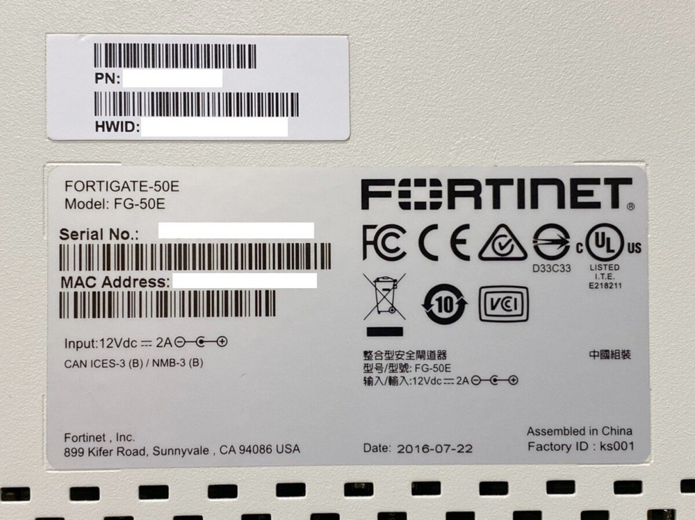 Fortinet Fortigate-50E FG-50E Network Security Firewall Initialized Power Cable