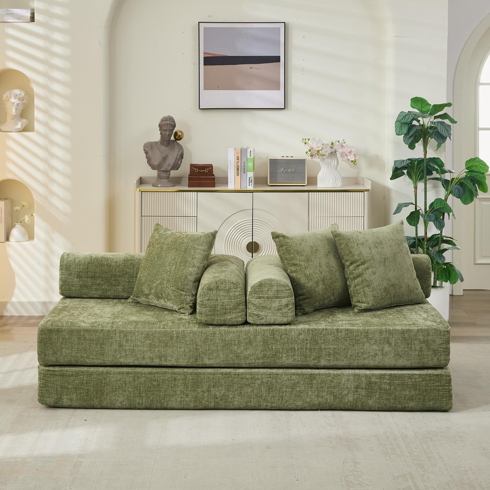 Multi-Functional Floor Sofa Convertible Folding Chenille Bed Sofa Couch Green