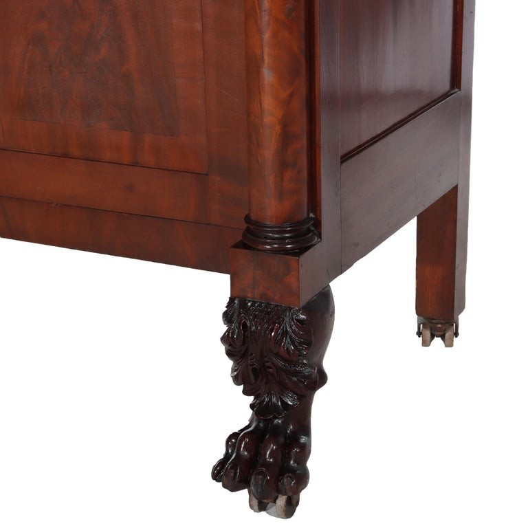 Antique American Empire Classical Flame Mahogany Sideboard, Bronze Pulls, c1840