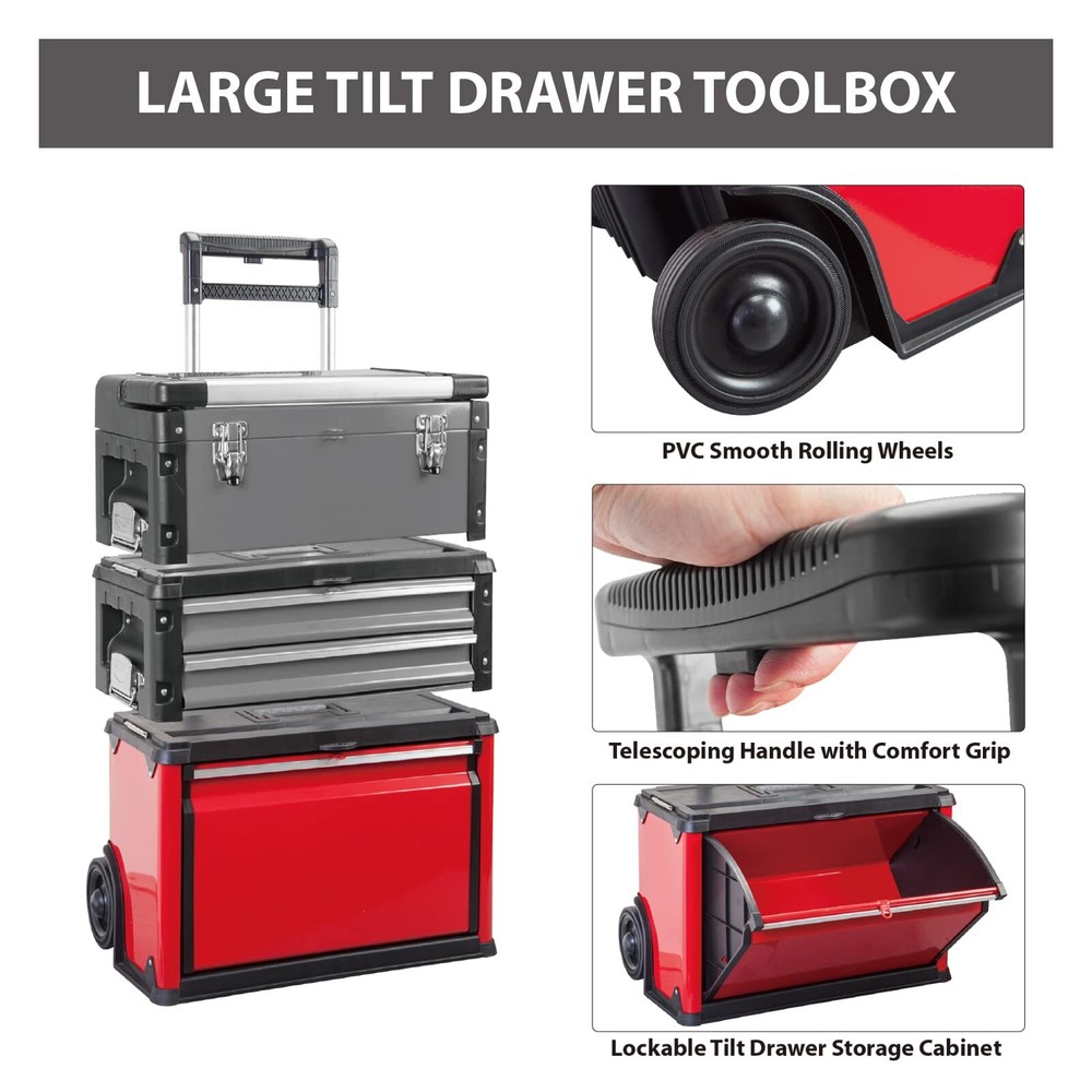 BIG RED Stackable Portable Metal Tool Box Organizer with Wheels, 2 Drawers,Red