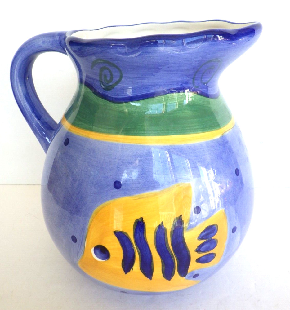Haussen Ware Glazed Ceramic Handled Pitcher Nautical Fish Motif 80 oz.