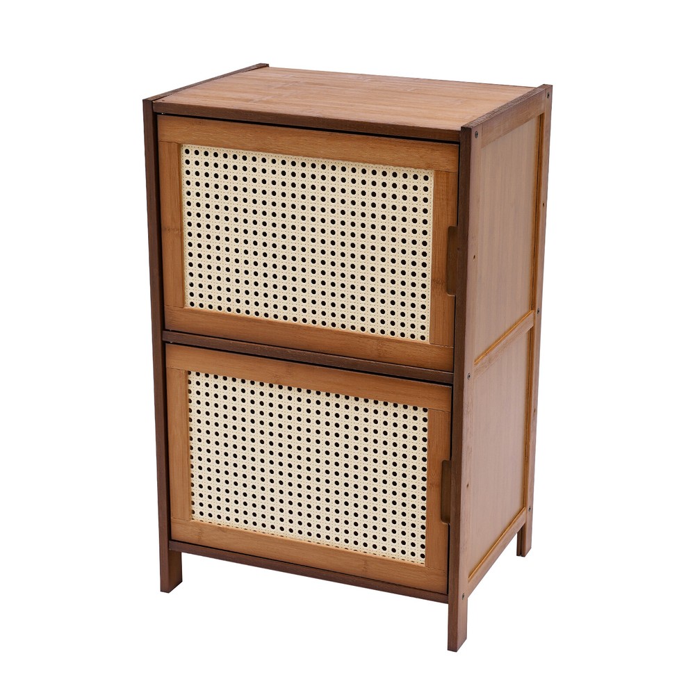 Nightstand With Decor Drawers Rattan Pattern End Table - Bamboo Sofa Side Table