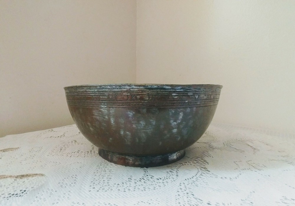 Antique Middle Eastern Hammered Copper Footed Bowl Marked