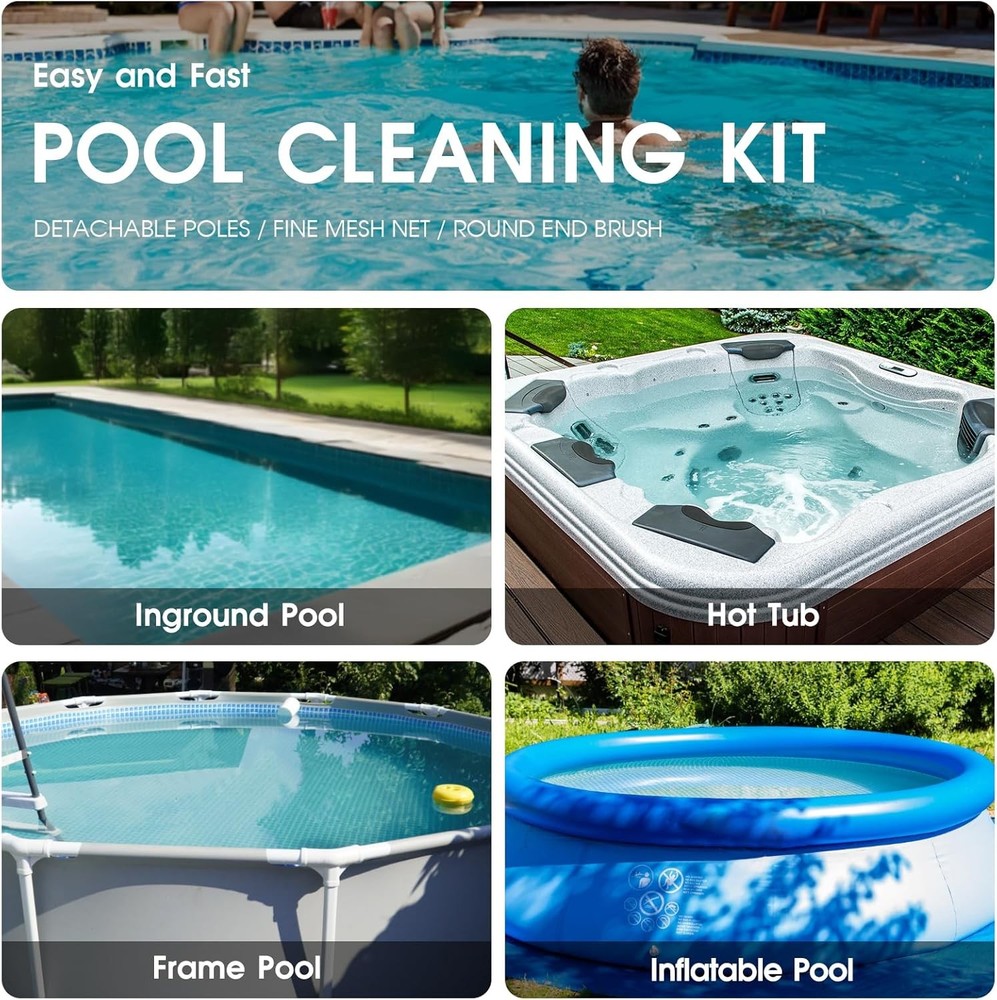 Pool Cleaning Kit 3-Piece Set – Brush, Fine Mesh Skimmer & Adjustable Pole