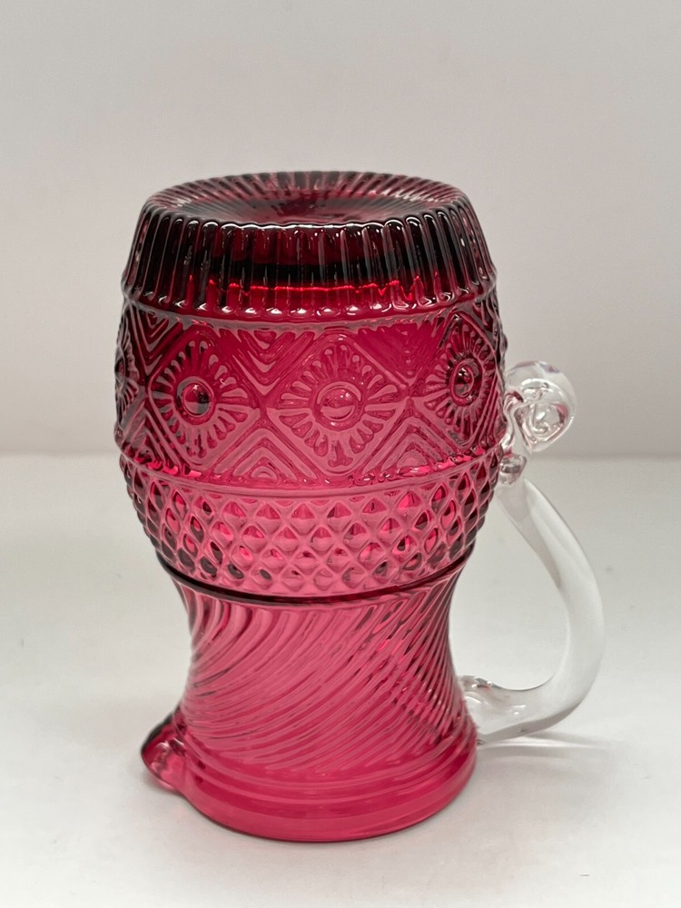 Vintage Pilgrim Art Glass Cranberry Bennington Pattern Pitcher w/ Clear Handle