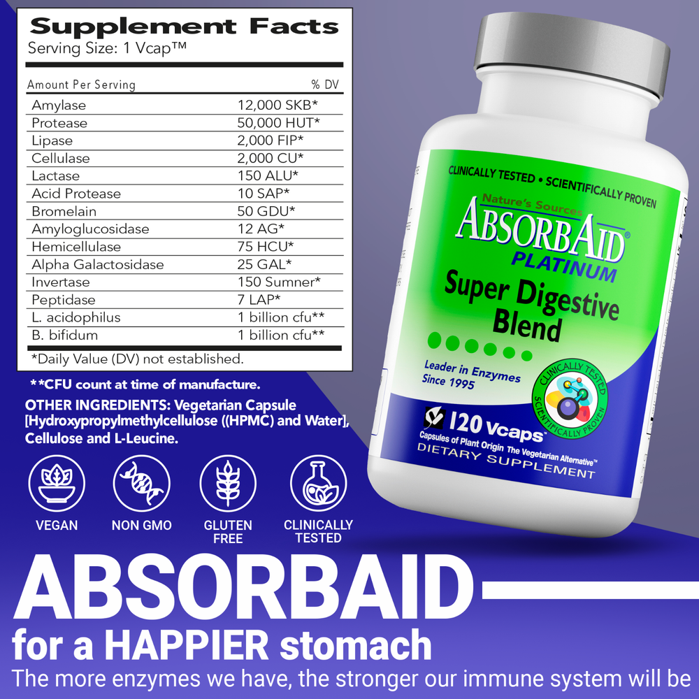 AbsorbAid PLATINUM 120 Digestive Enzyme/Probiotics - Complete Digestive Support!