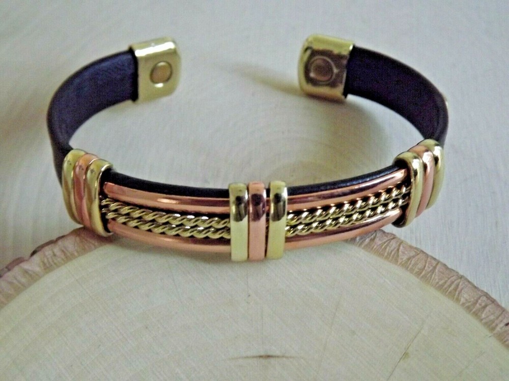 Solid Copper Leather Wrapped Magnetic Bracelet Arthritis Pain Therapy Cuff