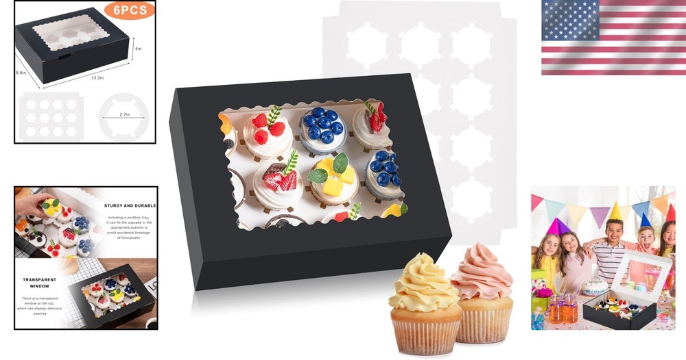 Elegant 6PCS Cupcake Box Set - Hold 12 Count - Clear Window, Durable Design