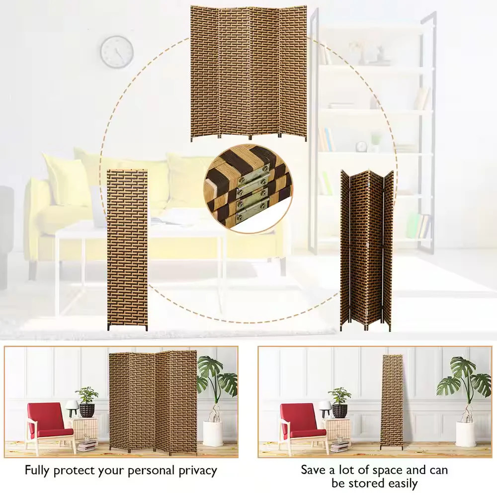 6ft Tall 4-Panel Yellow Folding Room Divider Weave Privacy Screen