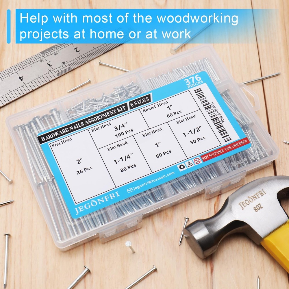 376pcs Premium Hardware Nails Assortment Kit, Maximum One Size, silver/gray