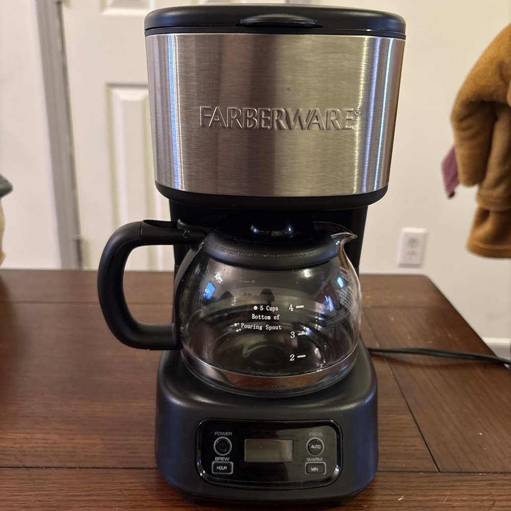 Farberware Programmable 5-Cup Filter Coffee Machine Black Silver Glass Carafe