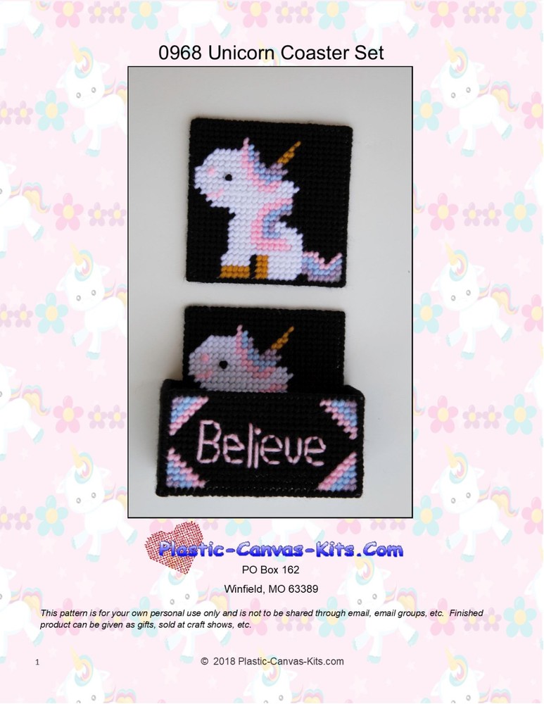 Unicorn Coaster Set- Plastic Canvas Pattern or Kit