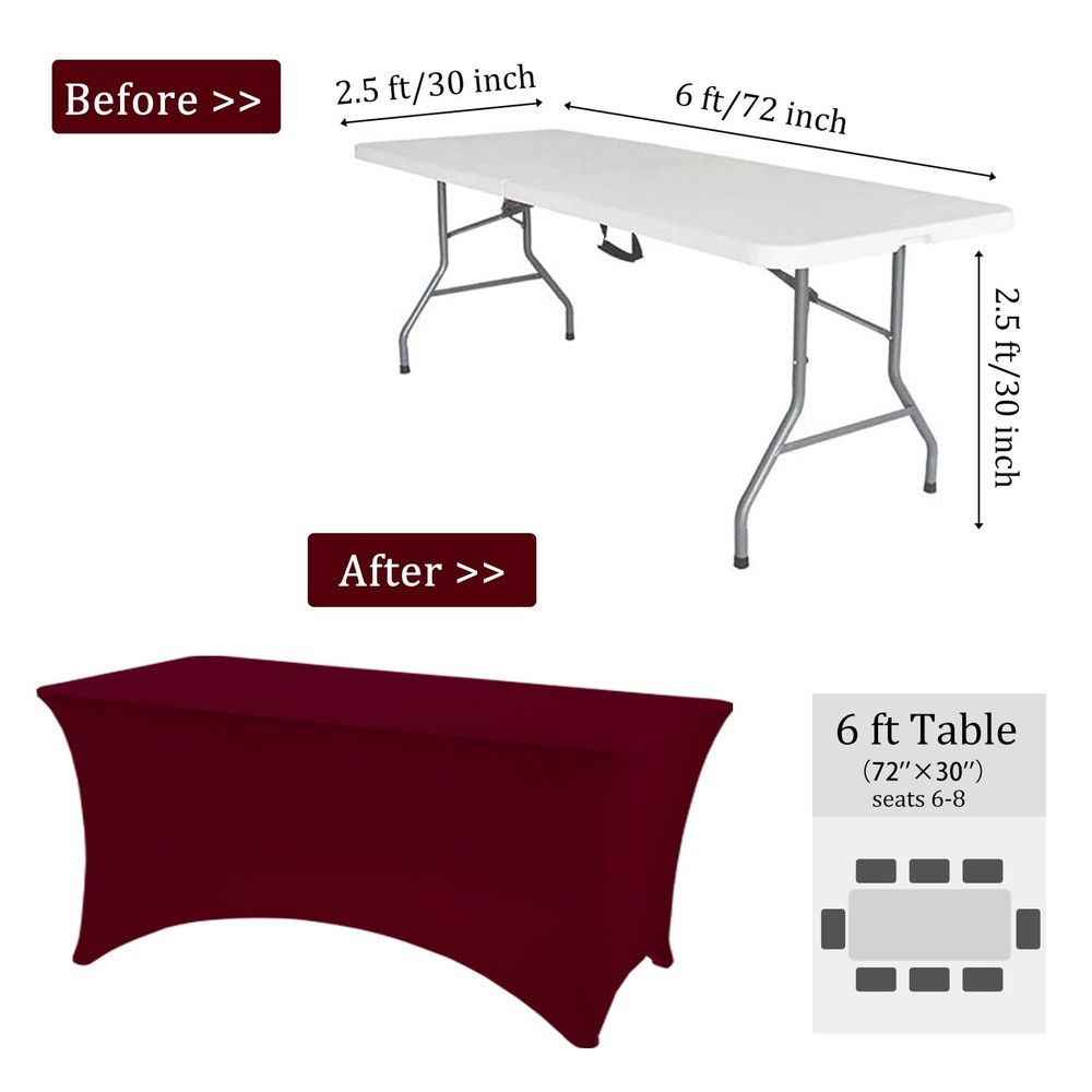 6 Pack 6FT Spandex Table Covers Washable Resistant Fitted Rectangle Tableclot...