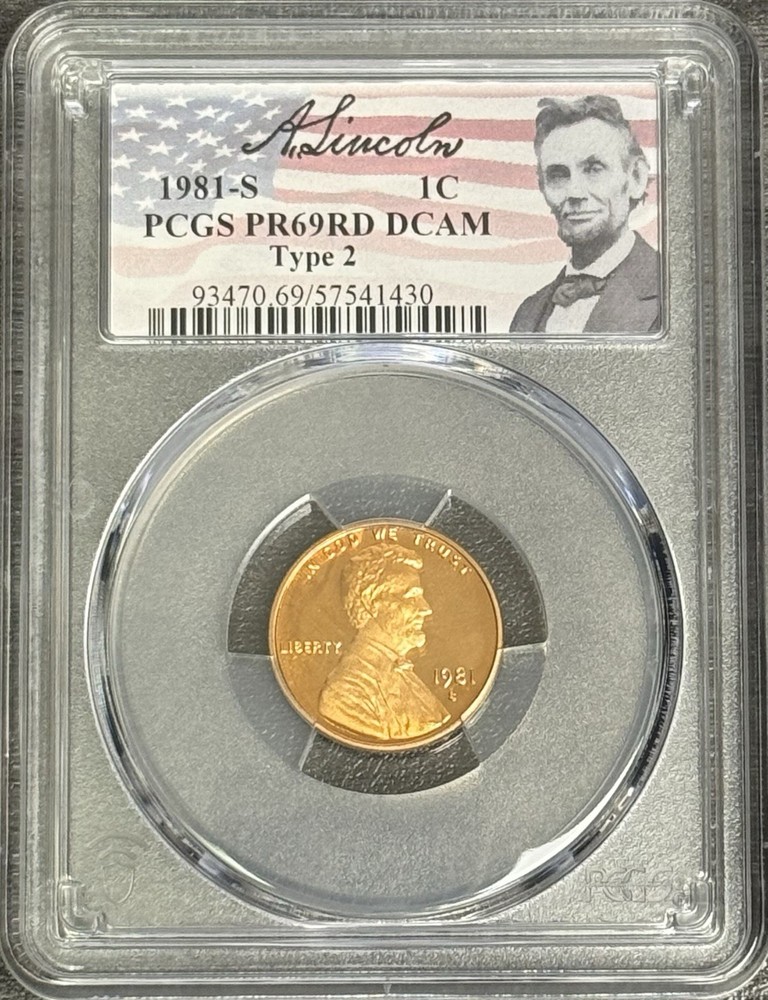 1981 S Type 2 Proof Lincoln Cent PCGS PR69RD DCAM, Portrait Label