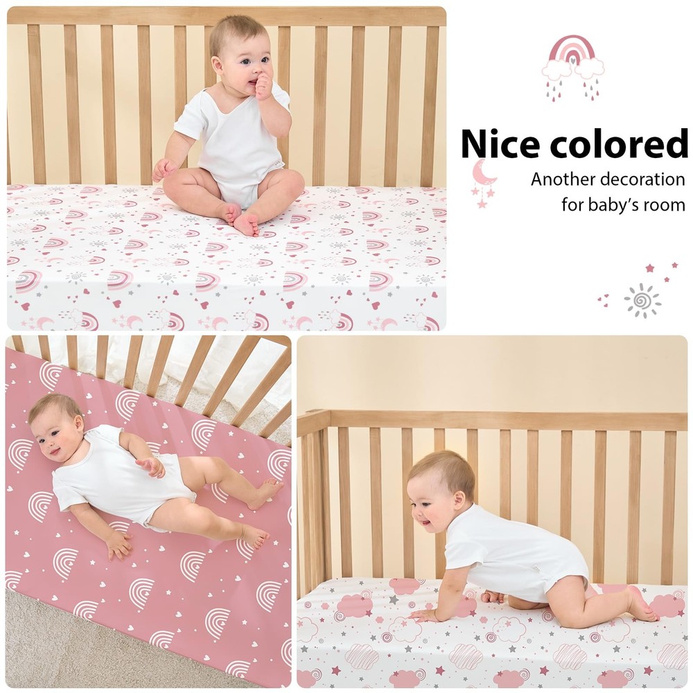 3 Pack Pink Rainbow Crib Sheets 52x28 Soft Microfiber