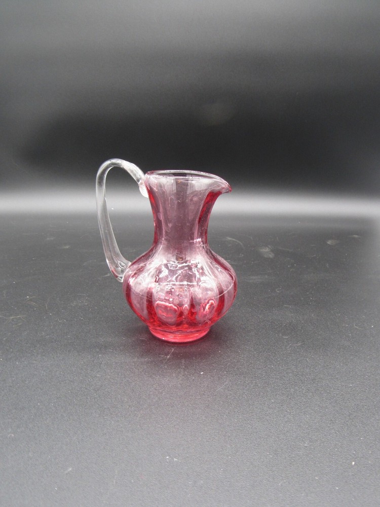 ART GLASS Cranberry Applied Handle Small Pitcher Unbranded Handblown