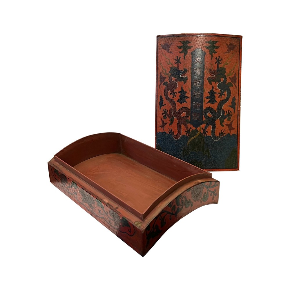 Chinese Distressed Brick Red Dragons Graphic Rectangular Shape Box ws3392