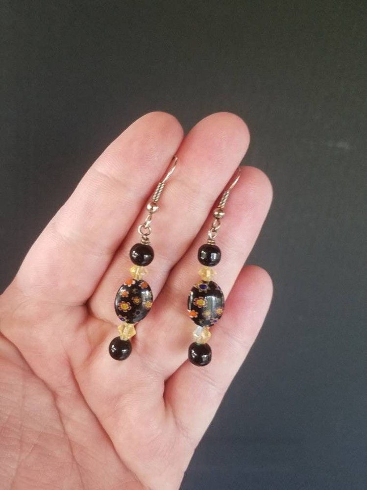 Black Beaded Dangling Earrings