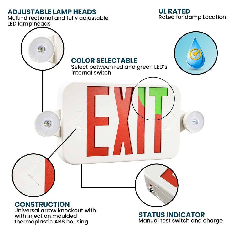 6 Pack LED Exit Sign Combo Red/Green Switchable UL Backup Emergency Lights 120V