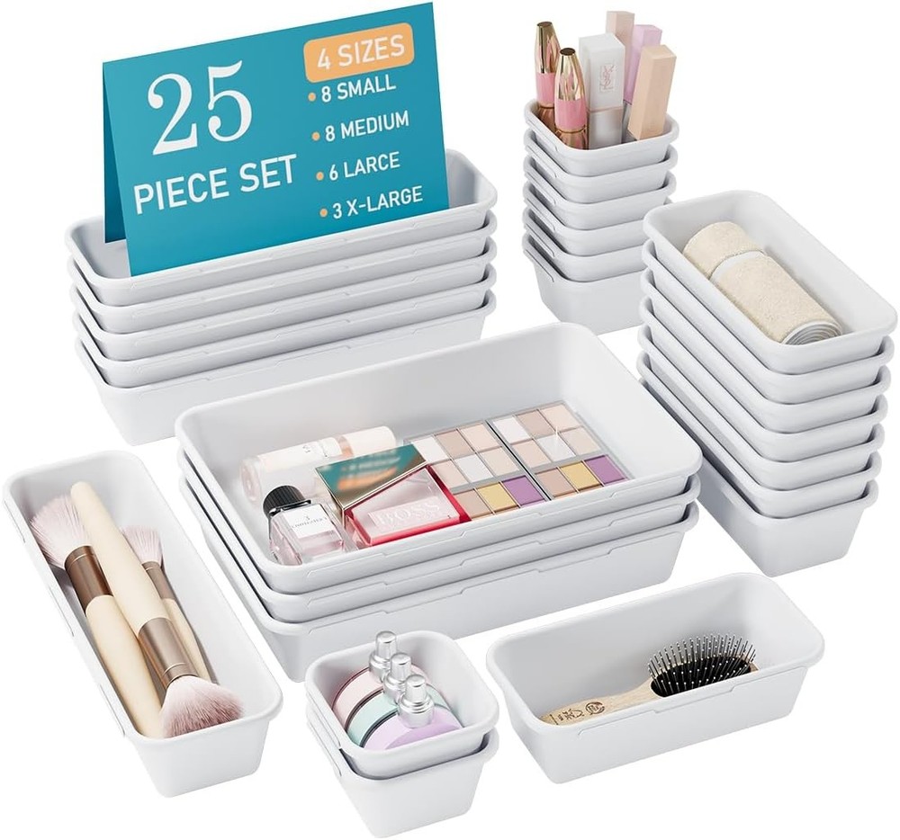 25 PCS Black Drawer Organizer Set 4 Size Interlocking Plastic Storage Bins