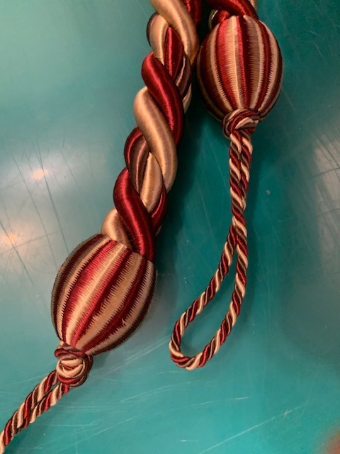 PAIR THICK TWISTED CORD TIE BACKS DEEP RED & GOLD