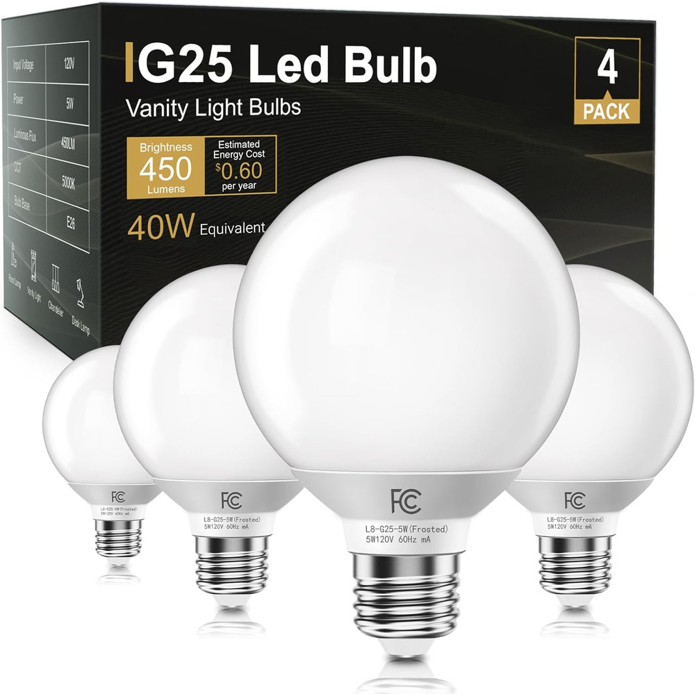 G25 LED Globe Light Bulbs, Vanity Light Bulb for Bathroom 40W Equivalent, 5000K
