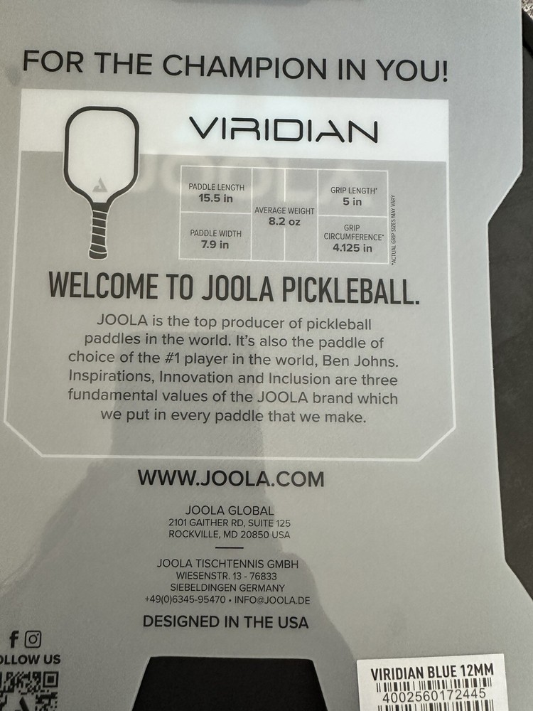 Joola Viridian Blue 12MM pickleball paddle
