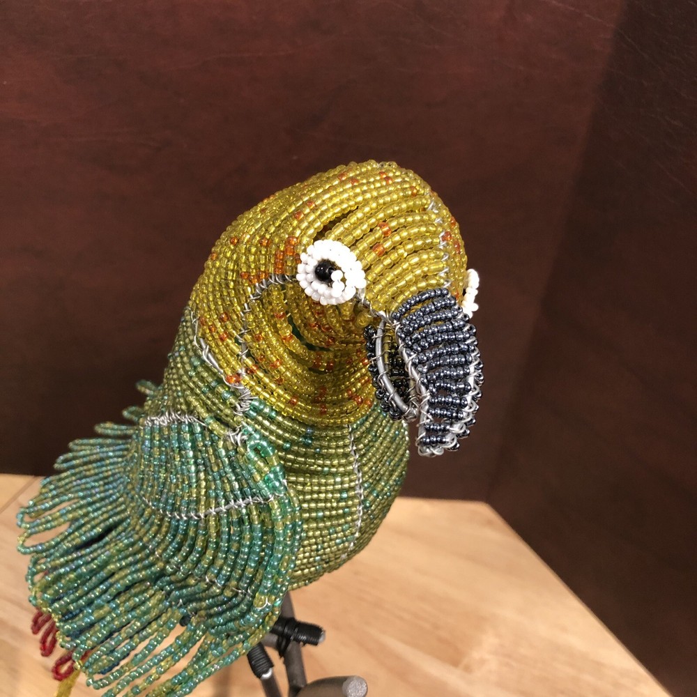 Parrot Sculpture with perch on stand Beaded Beautiful