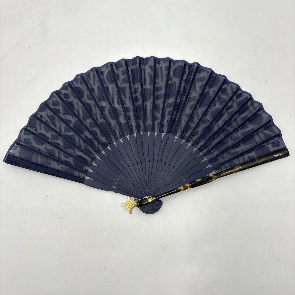 Auth CELINE Triomphe Hardware Monogram Folding Fan Navy w/ Box 2Y5146
