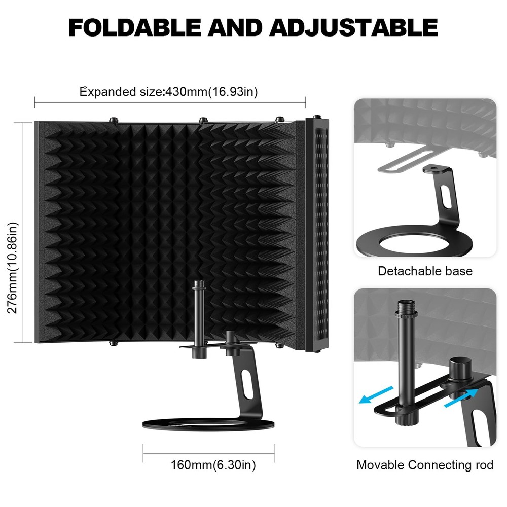 Microphone Isolation Shield, Foldable Mic Shield with Triple Sound Insulation, R