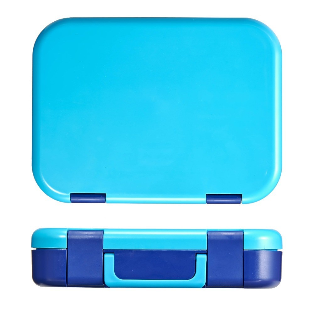 Plastic Bento Box with 4 Compartments, Fork, Spoon, 1 Dressing Container, Blue