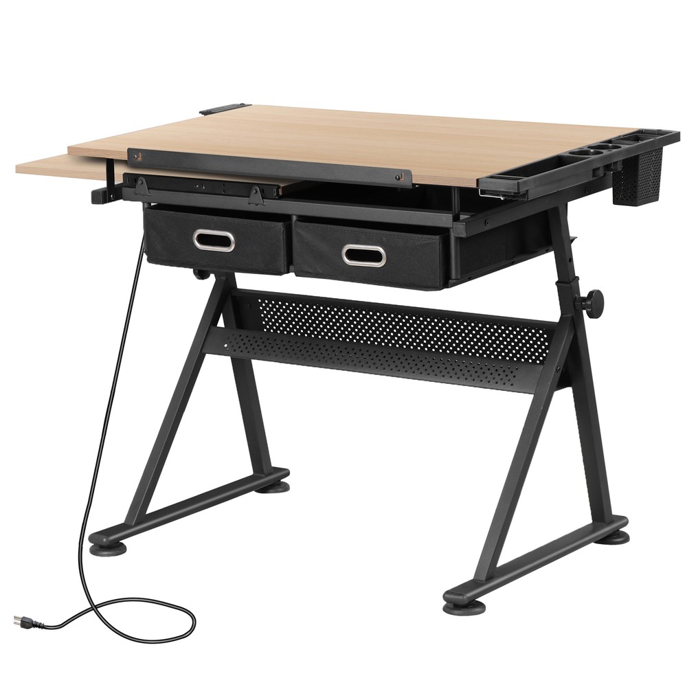 Adjustable Drafting Drawing Tiltable Table & Stool w/ 2 Drawers & Outlet Natural
