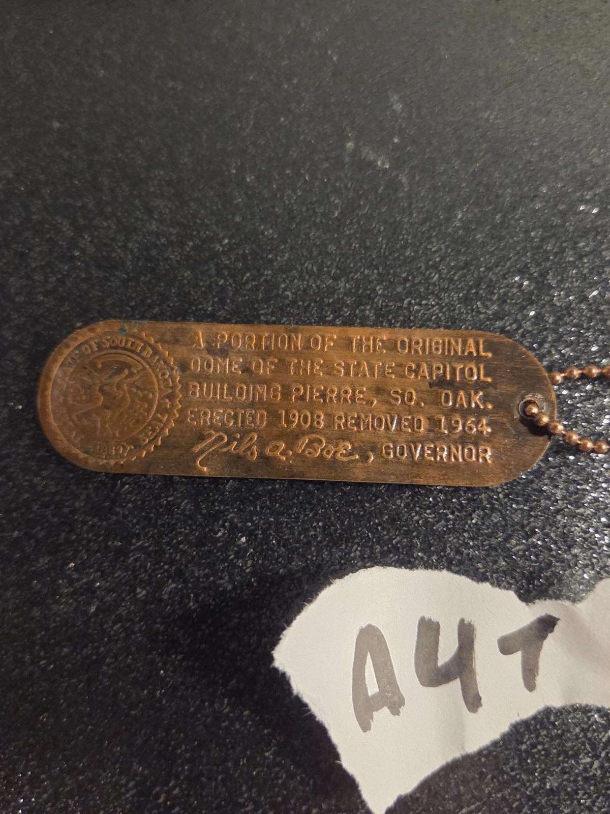 South Dakota State Capitol Dome Copper Keychain - 1964 - Gov. Nils Boe - Vintage