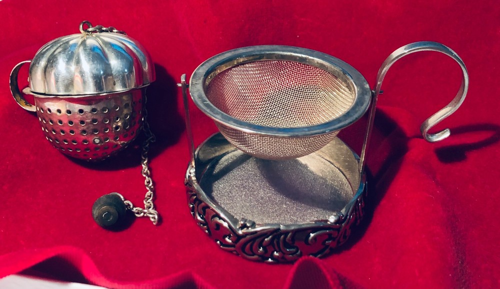 TEA BALL ACORN SHAPE AND TEA STRAINER SILVER PLATE