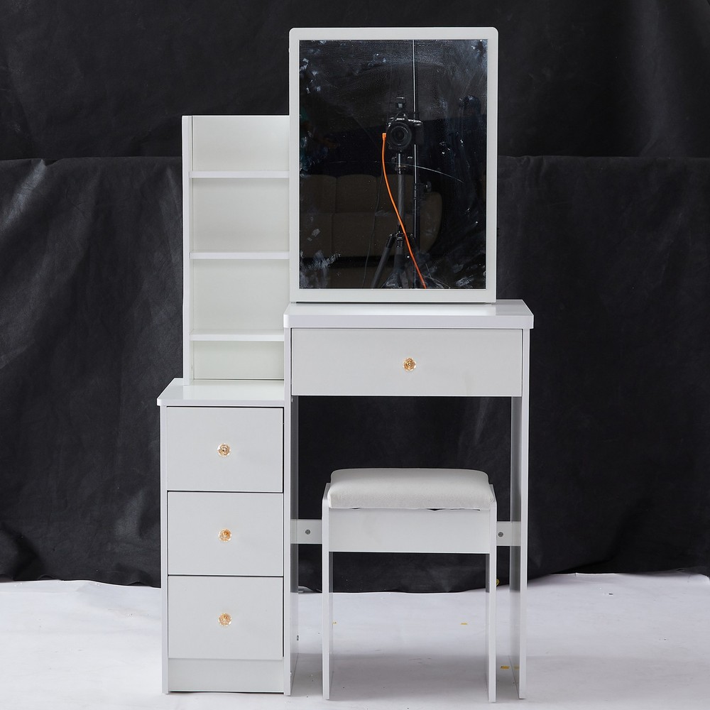 29.2" Small Space Left Bedside Cabinet Vanity Table + Cushioned Stool, Extra Lar