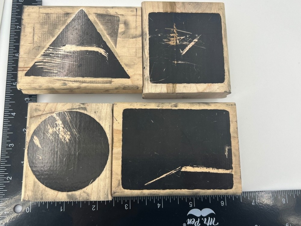 Wood Mounted Rubber Stamps Shapes Circle Triangle Square Rectangle 4 Pcs