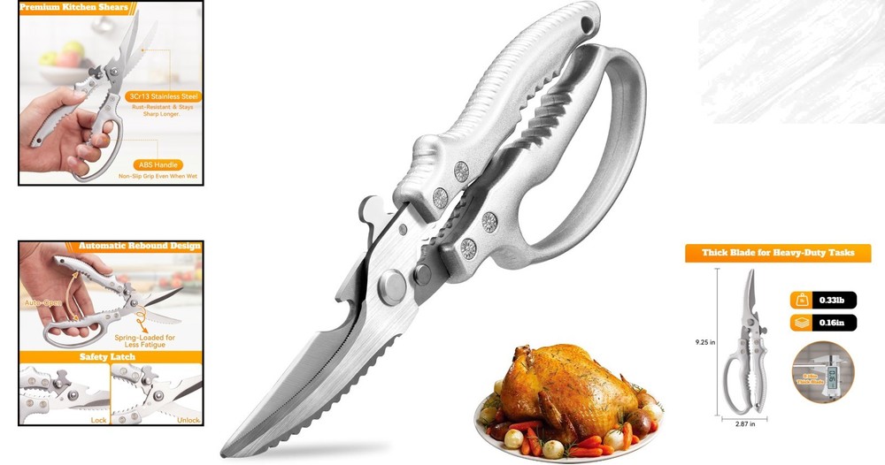 Multi-Purpose Poultry Shears: Spring-Loaded Kitchen Scissors with Safety Lock