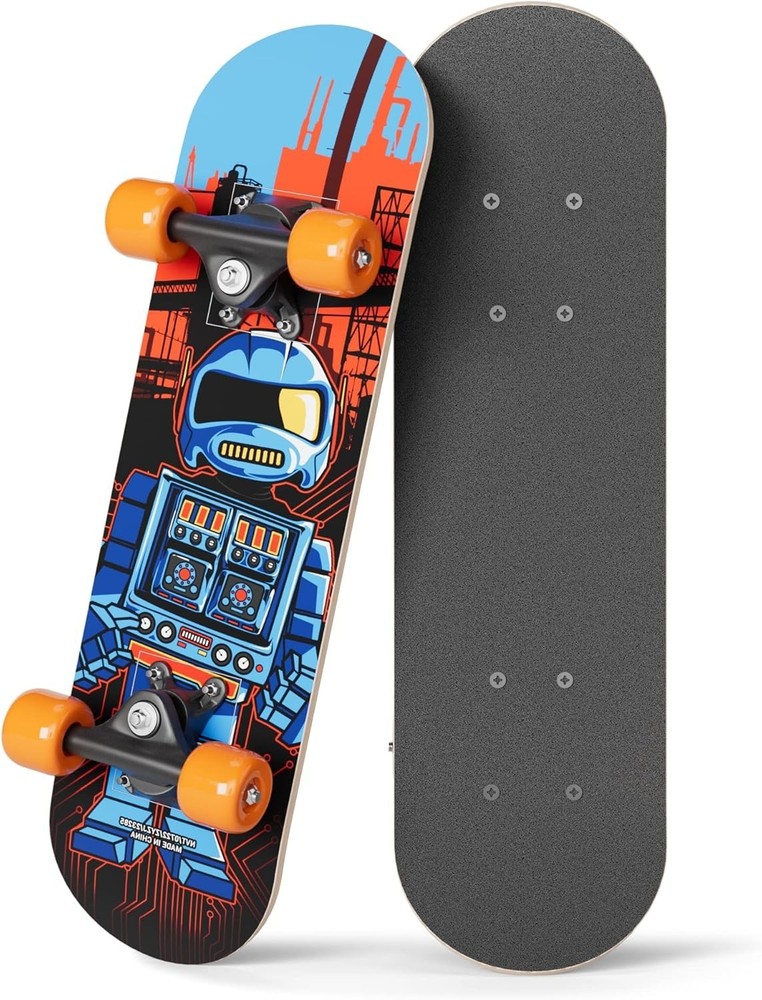 Beginner-Friendly 17" Skateboard with ABEC 7 Bearings, Ages 2-5, Robot Design