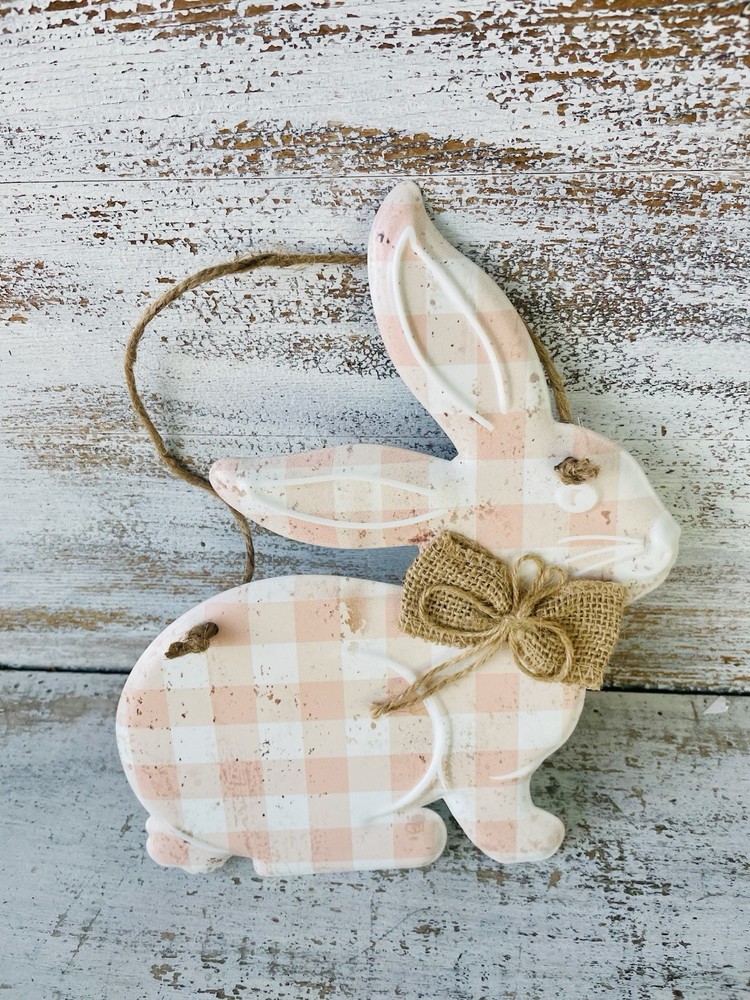 Spring Peach Gingham Hanging Metal Bunny