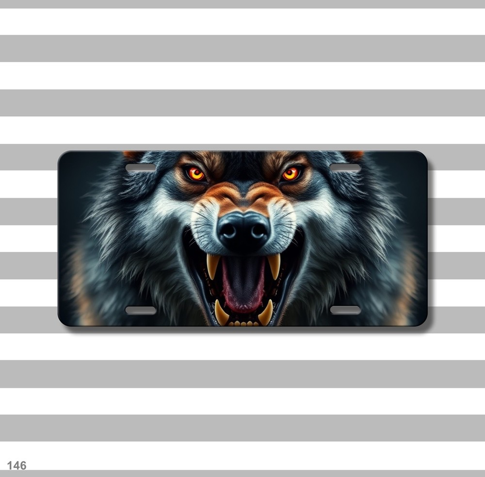 Fierce Wolf License Plate with Sharp Teeth Your Text Front Plate Special Gift