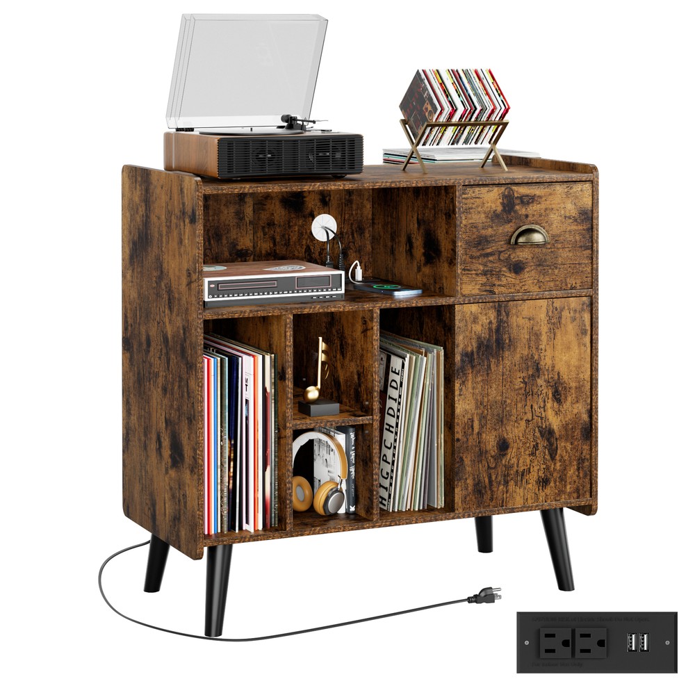 Large Record Player Stand Vinyl Record Storage Table Power Outlet Display Shelf