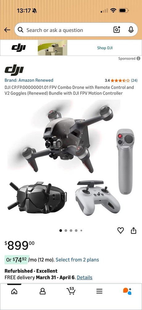 DJI FPV Combo Drone with Remote Control, Motion Controller, V2 Goggles