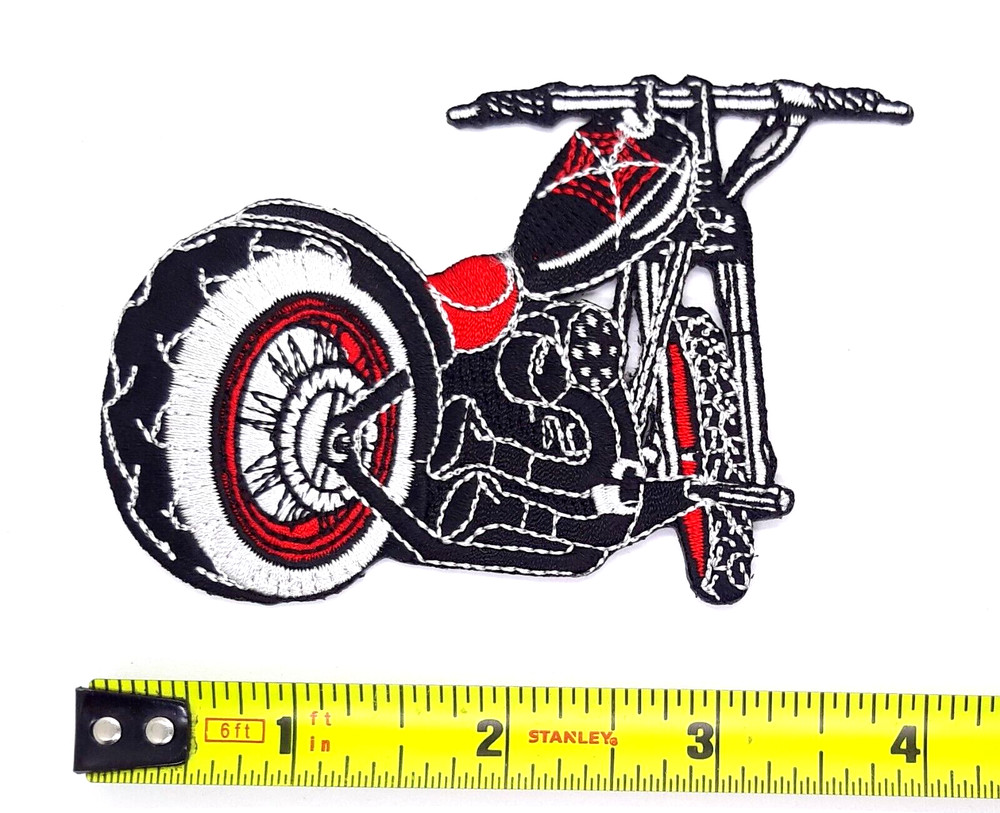 Red & Black Motorcycle With Spider Web Tank Iron On Patch 4"x 2 1/2"