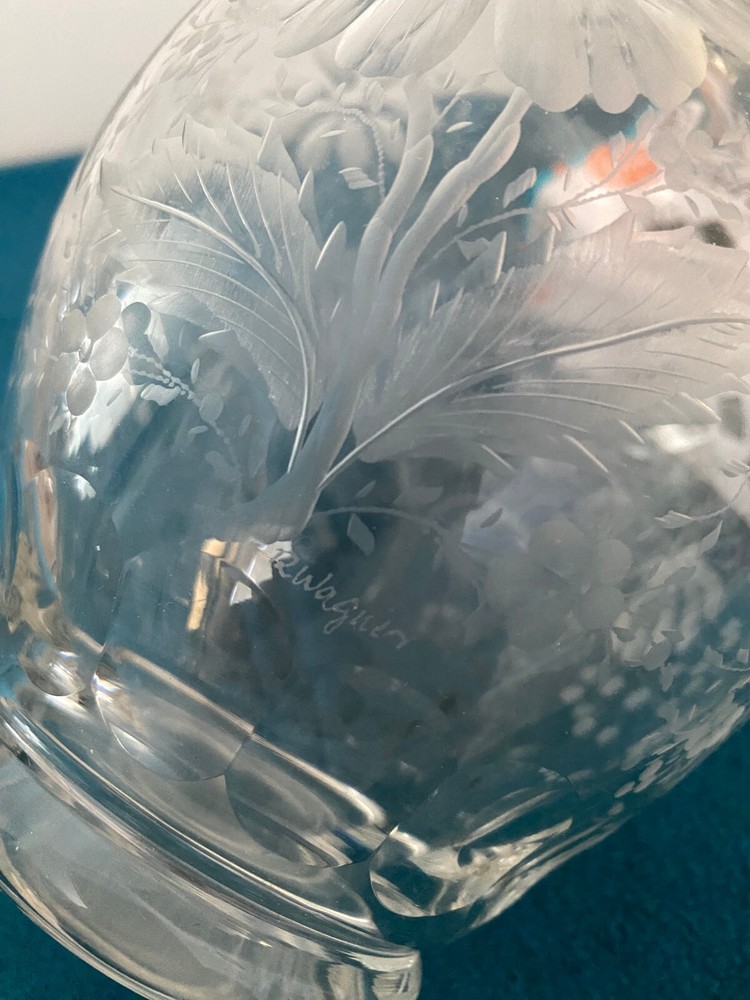 Signed Wagner Floral Etched Glass Pitcher