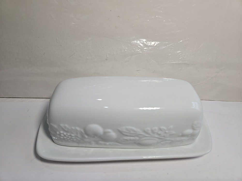 GIBSON DESIGNS Covered Butter Dish with Lid Embossed Fruit White Ceramic