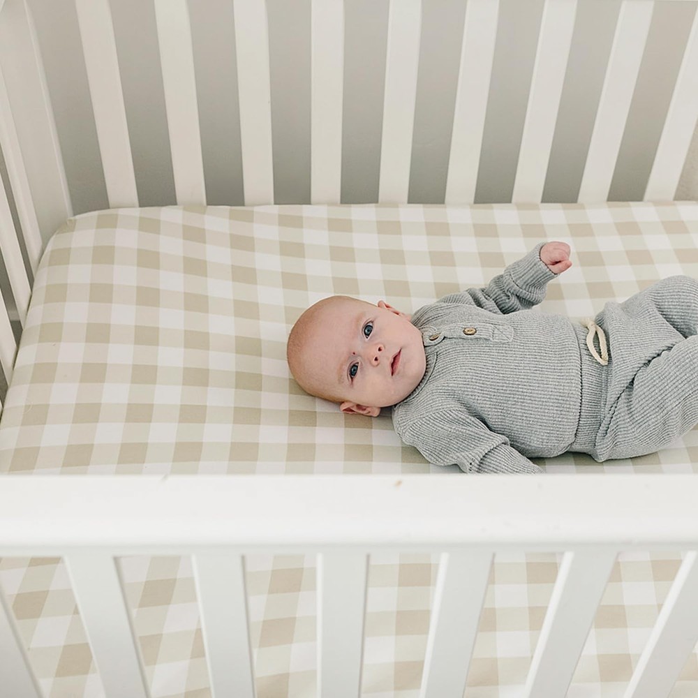 Pobibaby – 2 Pack Crib Sheets for Boys, 2 Pack, Gingham Khaki