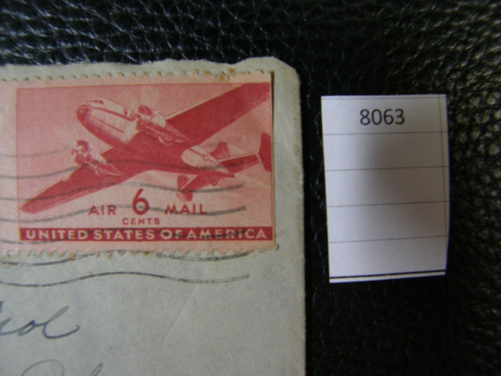 8063) One: 6¢ US Air Mail Postage Stamp Airplane Affixed Envelope 1940's