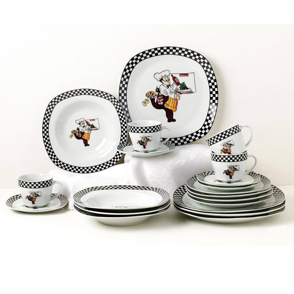 Porcelain 20-Piece Chef Design Square Dinnerware Set (Service for 4)