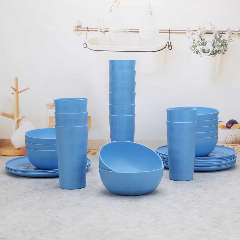 Blue Etched Checkered Plastic Dinnerware Set 30 Piece Service for 10 Includes
